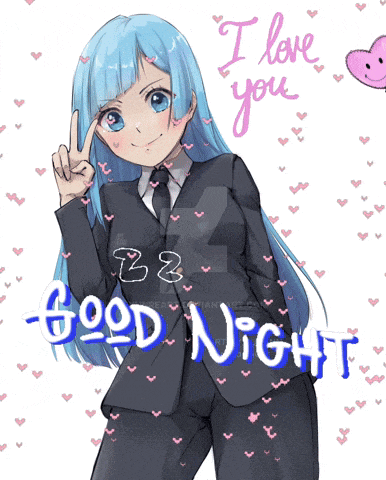 a blue haired anime girl in a suit says i love you