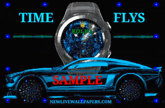 a rolex watch with a car in the background and the words time flys above it