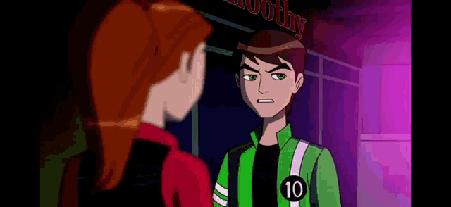ben tennyson from ben 10 is standing next to a woman in a cartoon .