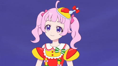 a girl with pink hair is wearing a red and yellow dress and a yellow hat