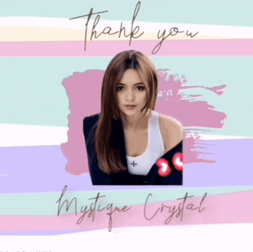 a thank you card for mystique crystal with a picture of a woman