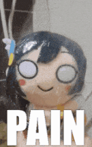 a close up of a stuffed animal with the word pain written on it .