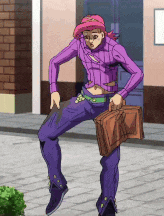 a man in a purple shirt is holding a brown briefcase .