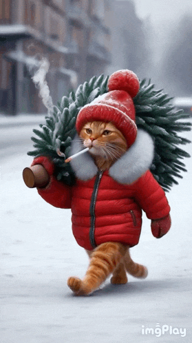 a cat wearing a red jacket and hat is carrying a christmas tree on its back