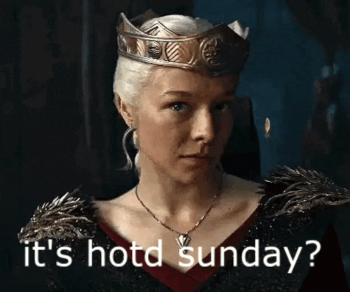 a woman wearing a crown and a necklace is saying `` it 's hot sunday ? '' .