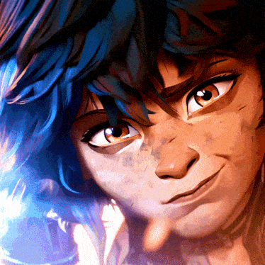 a close up of a woman 's face with blue hair
