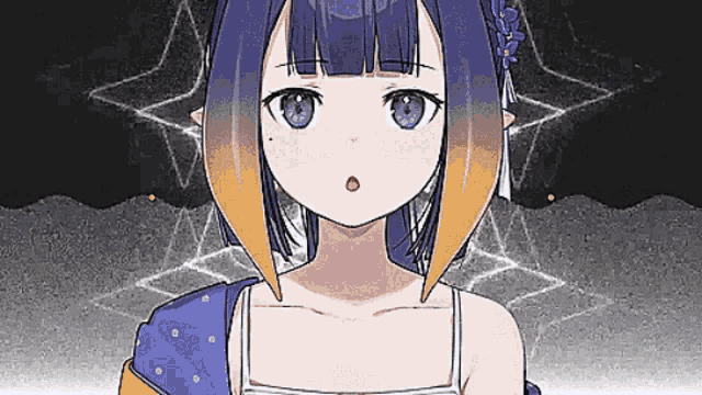 a girl with purple hair and blue eyes is standing in front of a black background .
