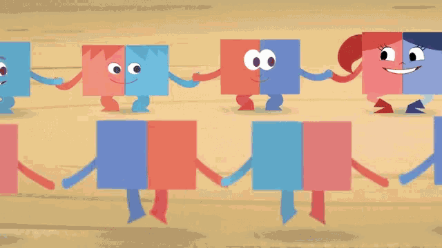 a group of cartoon characters are holding hands and walking in a line