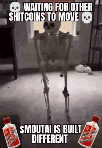a skeleton is waiting for other shitcoins to move while two bottles of smoutai are built different .