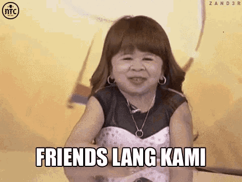 a little girl is smiling with the words friends lang kami written below her