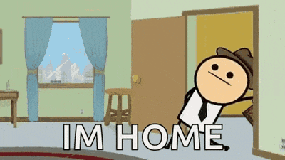 a cartoon character is standing in a room with the words im home written on the floor