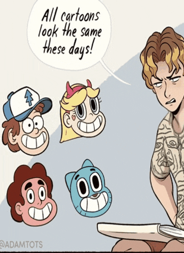 a cartoon shows a man reading a book with a speech bubble that says all cartoons look the same these days