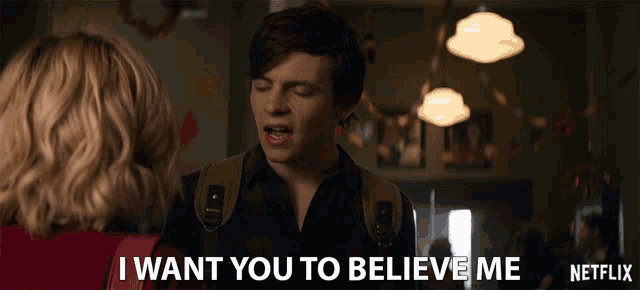 a man talking to a woman with the words i want you to believe me written below him