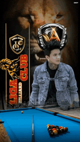 a man in a denim jacket stands in front of a pool table with a banner that says liga club