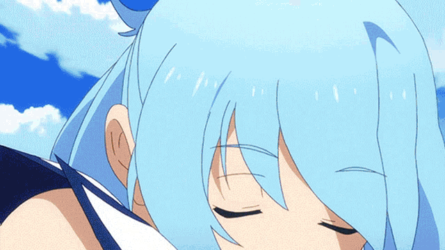a blue haired anime character with her eyes closed and her mouth open