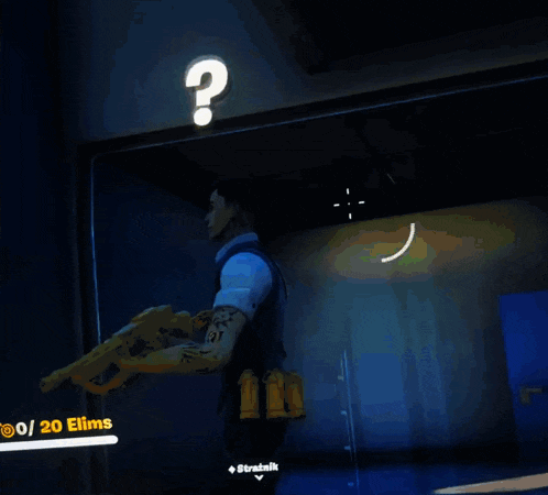 a man in a suit is standing in a room with a question mark on the wall