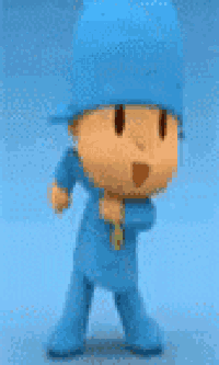 pocoyo from the cartoon pocoyo is dancing in a blue outfit and hat .