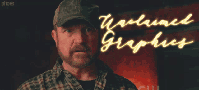 a man wearing a plaid shirt and a hat stands in front of a sign that says unclaimed graphics
