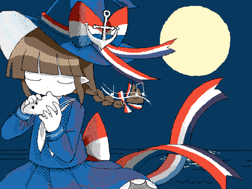 a pixel art drawing of a girl holding a fish in front of a full moon