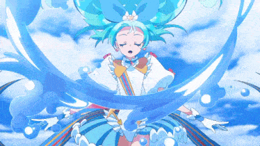 a girl with blue hair is surrounded by bubbles