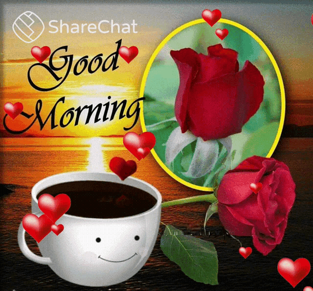 a good morning greeting card with a cup of coffee and a red rose