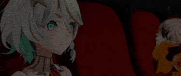a girl with white hair and green eyes is sitting in red chairs
