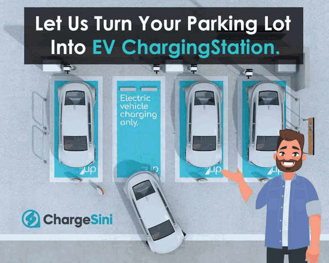 a man points to a sign that says " let us turn your parking lot into ev chargingstation "