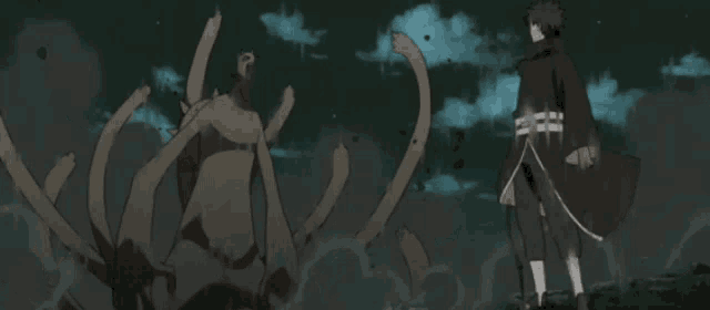 a man in a black cloak stands in front of a giant monster