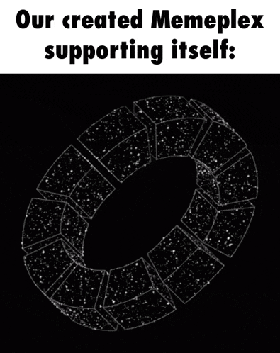 a black and white image that says " our created memeplex supporting itself : "