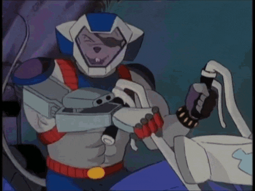 a cartoon character wearing a helmet is holding a remote control