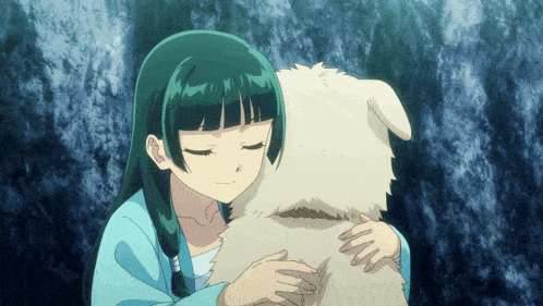a girl with green hair is hugging a dog