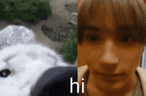 a close up of a person 's face next to a picture of a cat and the words hi