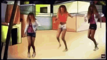 three women are dancing in a cartoon scene with the letters gp on the bottom