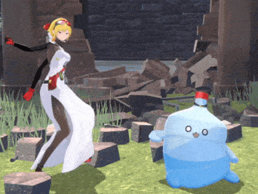 a girl in a white dress is standing next to a blue bottle