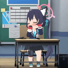 a cartoon girl is sitting at a desk with her eyes closed