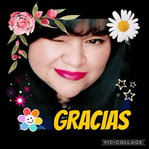 a picture of a woman with flowers and the word gracias in yellow