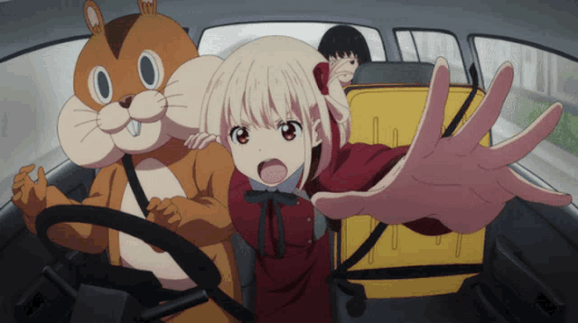 a girl in a red dress is driving a car with a squirrel and a mouse
