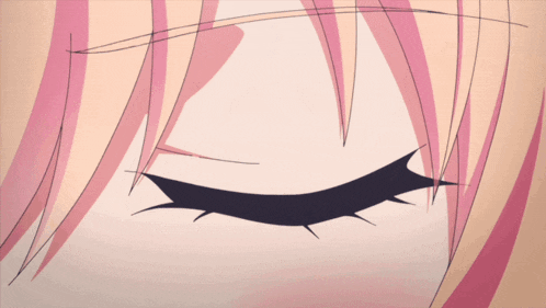 a close up of a girl 's eye with pink hair and a blue pupil