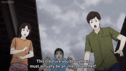 a group of anime characters with one saying " this creature you brought us must actually be an insect from hell ! "