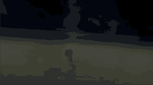 a cartoon character is standing in a dark room with a globe on his head