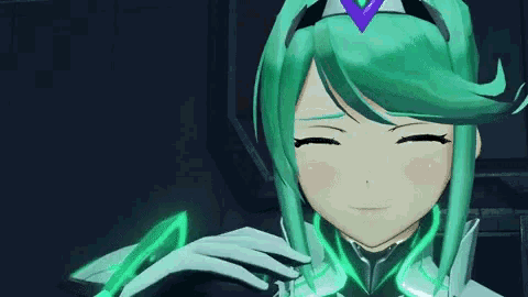 a close up of a video game character with green hair and a purple headband .
