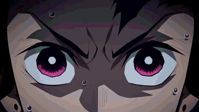 a close up of a cartoon character 's eyes with red and white irises