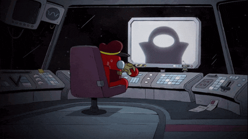 a cartoon character is sitting in front of a computer monitor with a shadow of a person on it