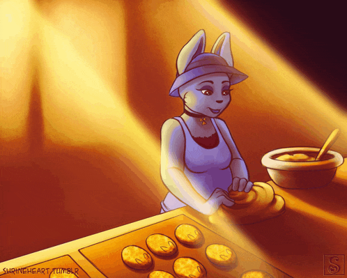 a cartoon drawing of a bunny baker with the name shrineheart tumblr