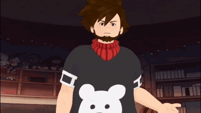 a man with a beard wears a black shirt with a white bear on it