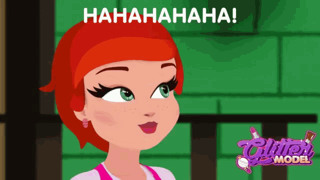 a cartoon of a girl with red hair and the words ' hahahaha ! ' above her