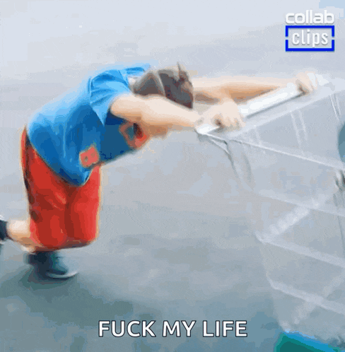 a man in a blue shirt and red shorts is kneeling down and saying " fuck my life " .