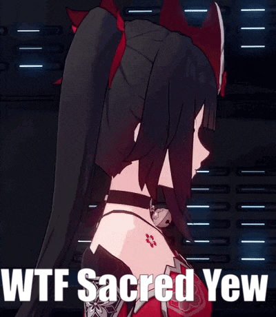 a girl with a mask on her head and the words wtf sacred yew written below her