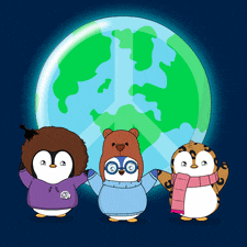 three penguins standing in front of a globe with a peace sign on it
