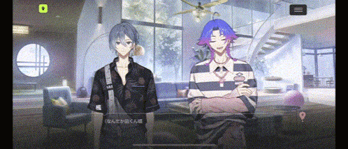 a couple of anime characters are standing in a living room .